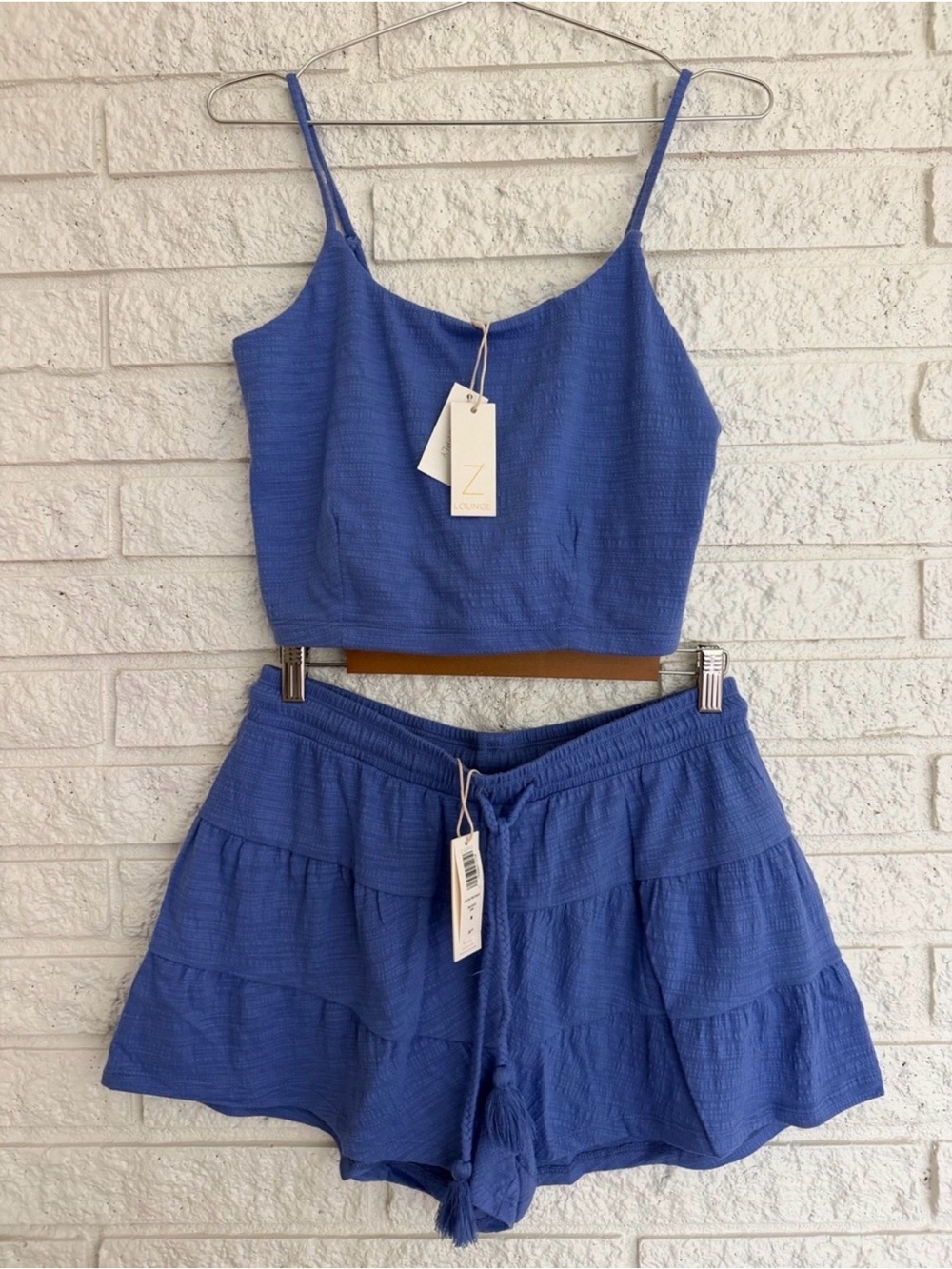 Z Supply Smooth Sailing Blue Two-Piece Pajama Set Cropped Cami & Tiered Shorts
